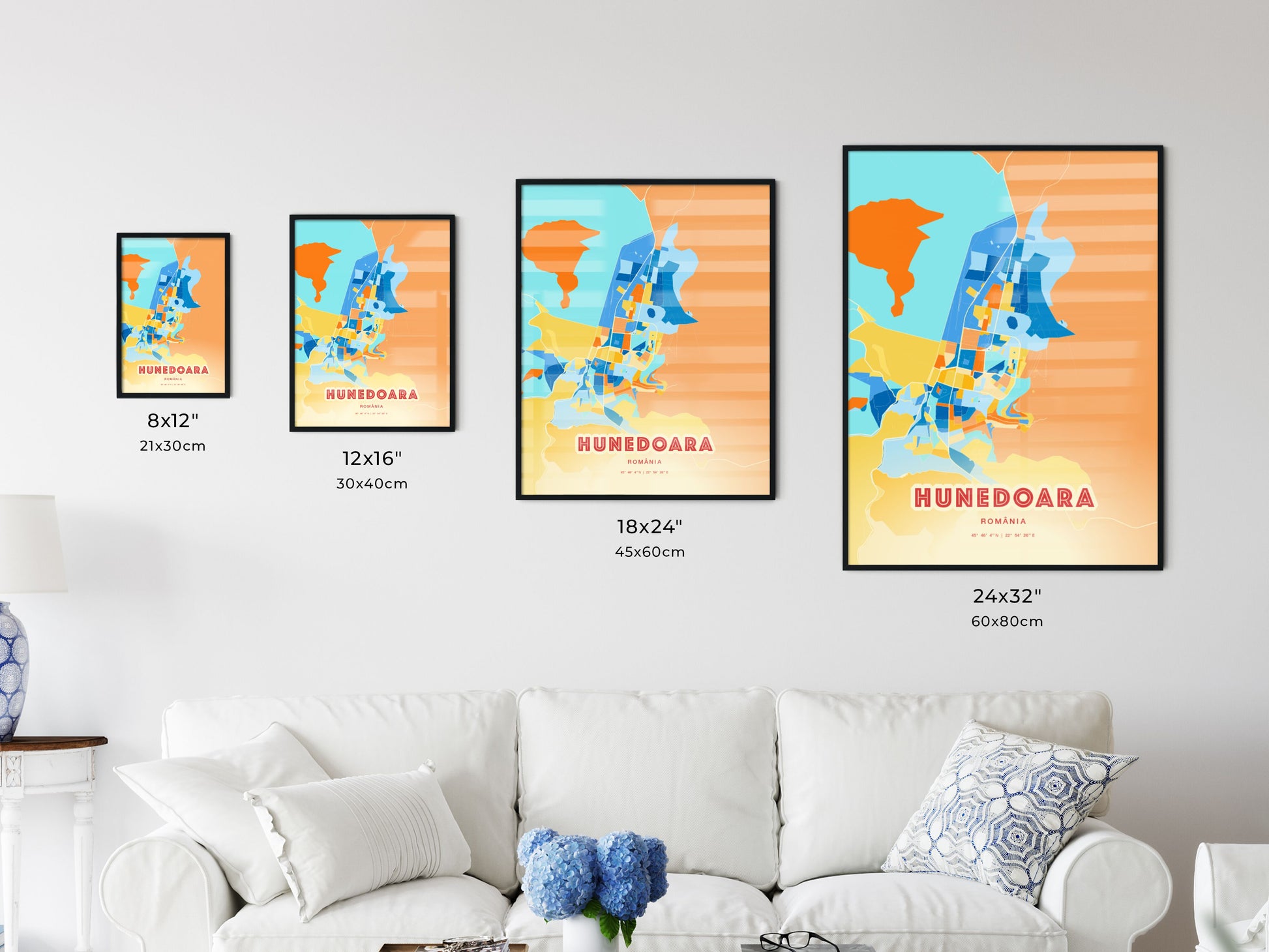 Colorful HUNEDOARA ROMANIA Fine Art Map Blue Orange