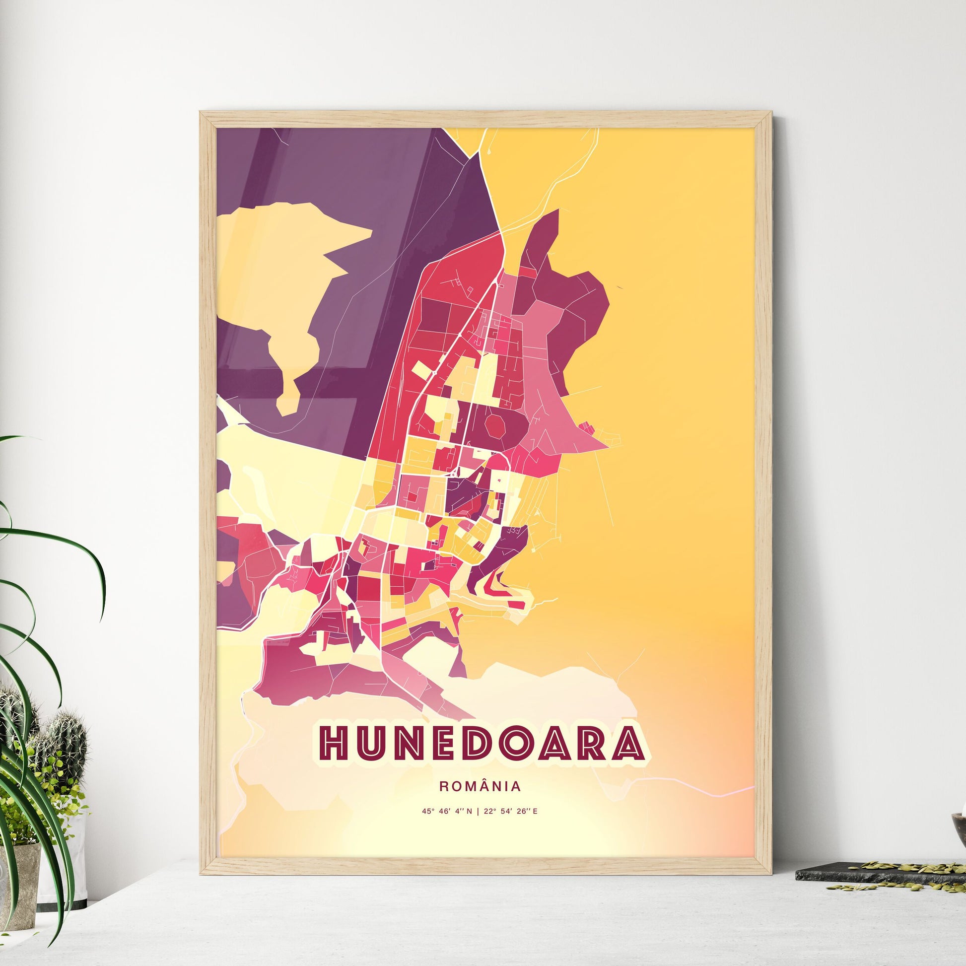 Colorful HUNEDOARA ROMANIA Fine Art Map Hot Red