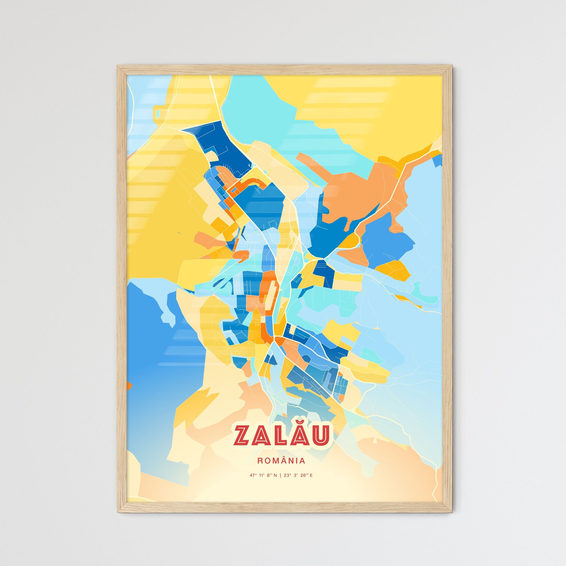 Colorful ZALĂU ROMANIA Fine Art Map Blue Orange