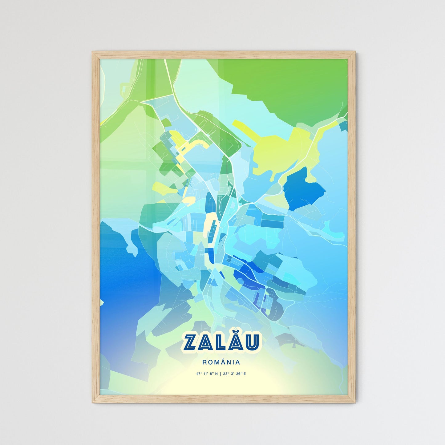 Colorful ZALĂU ROMANIA Fine Art Map Cool Blue