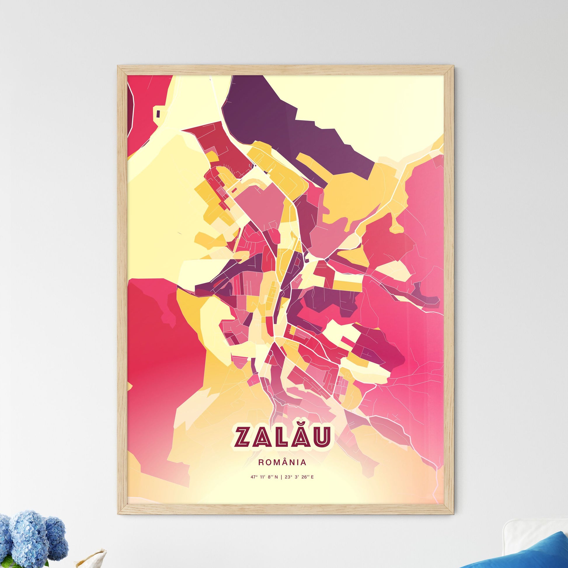 Colorful ZALĂU ROMANIA Fine Art Map Hot Red