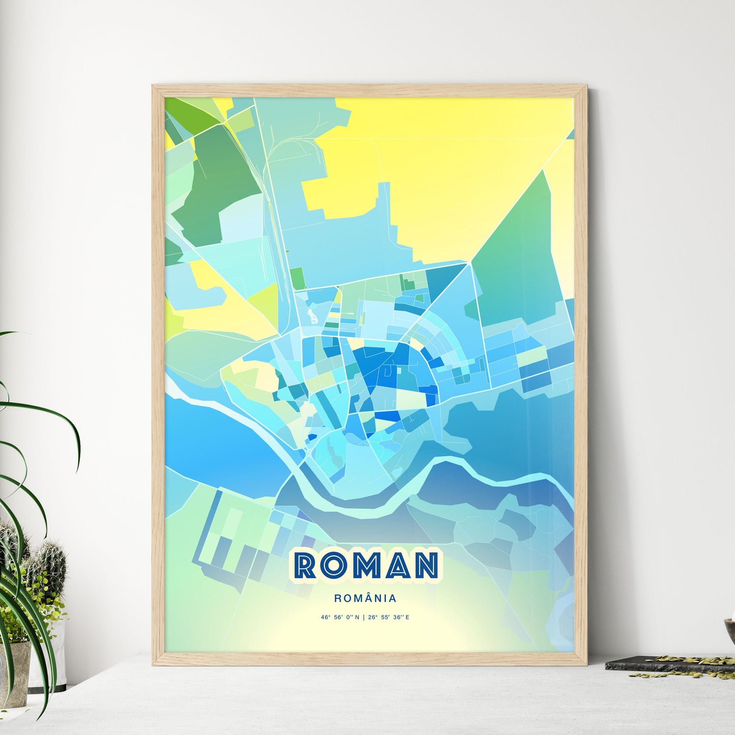 Colorful ROMAN ROMANIA Fine Art Map Cool Blue