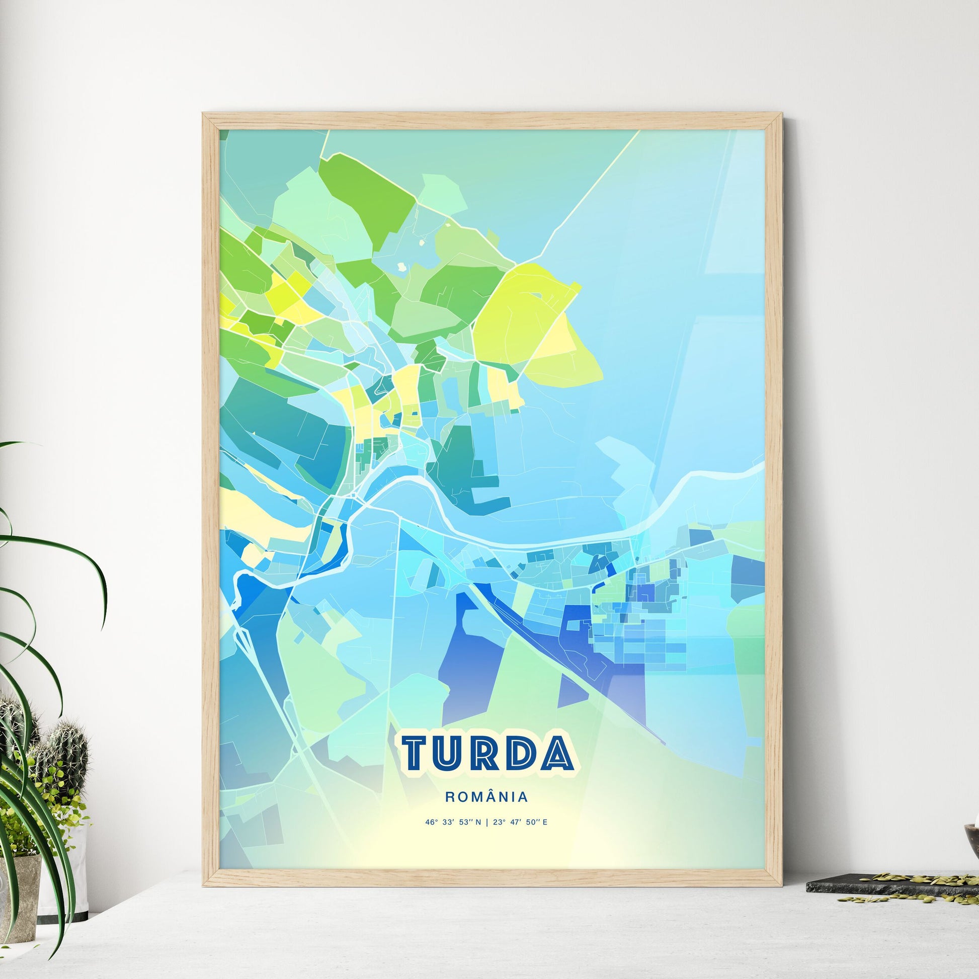 Colorful TURDA ROMANIA Fine Art Map Cool Blue