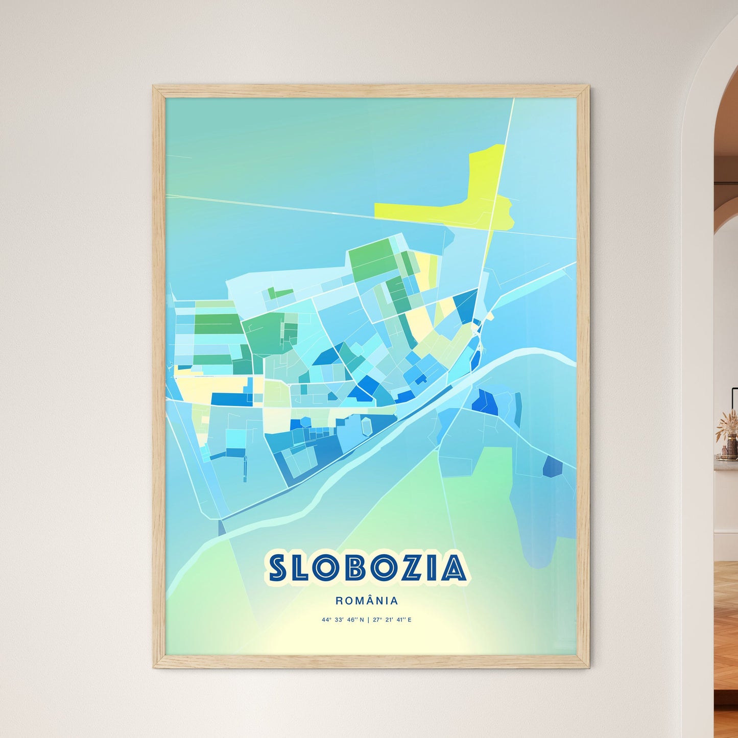 Colorful SLOBOZIA ROMANIA Fine Art Map Cool Blue