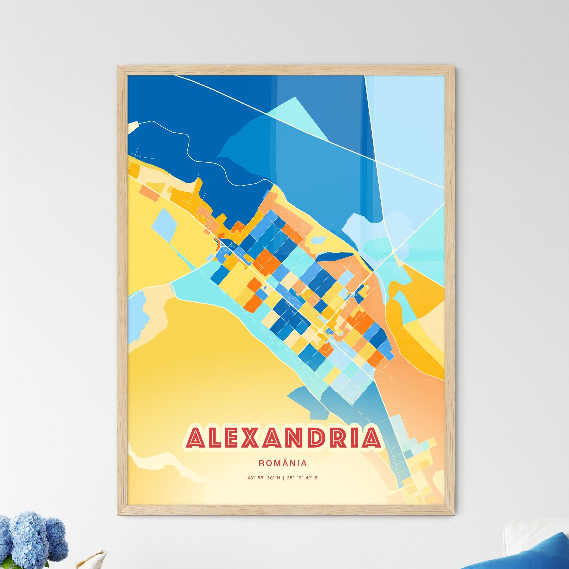 Colorful ALEXANDRIA ROMANIA Fine Art Map Blue Orange