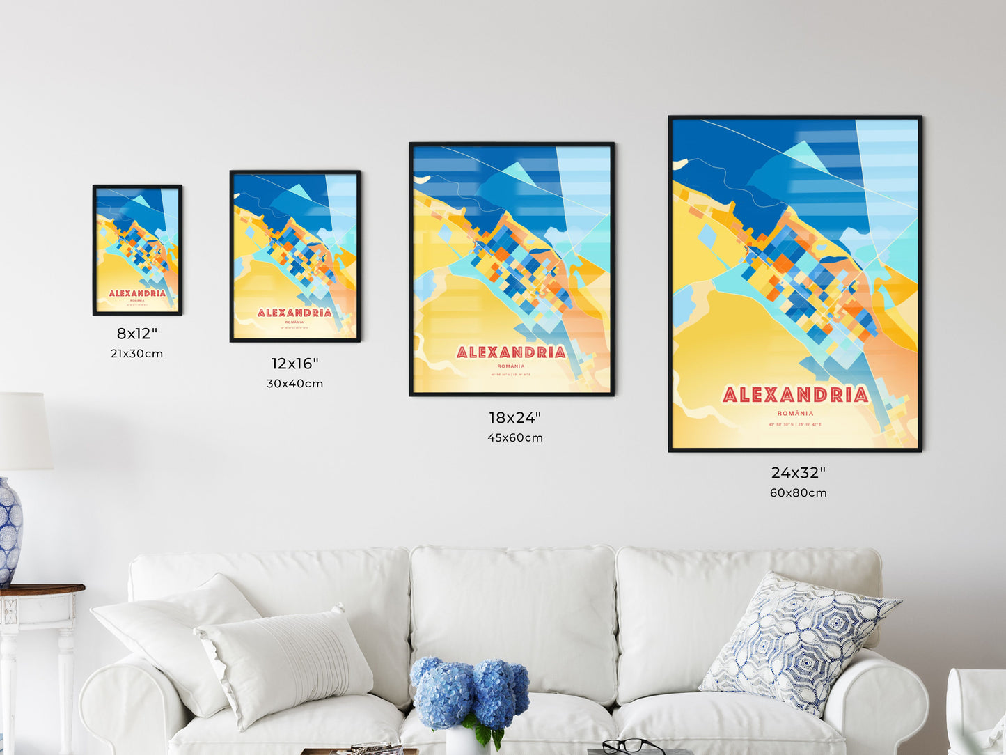 Colorful ALEXANDRIA ROMANIA Fine Art Map Blue Orange