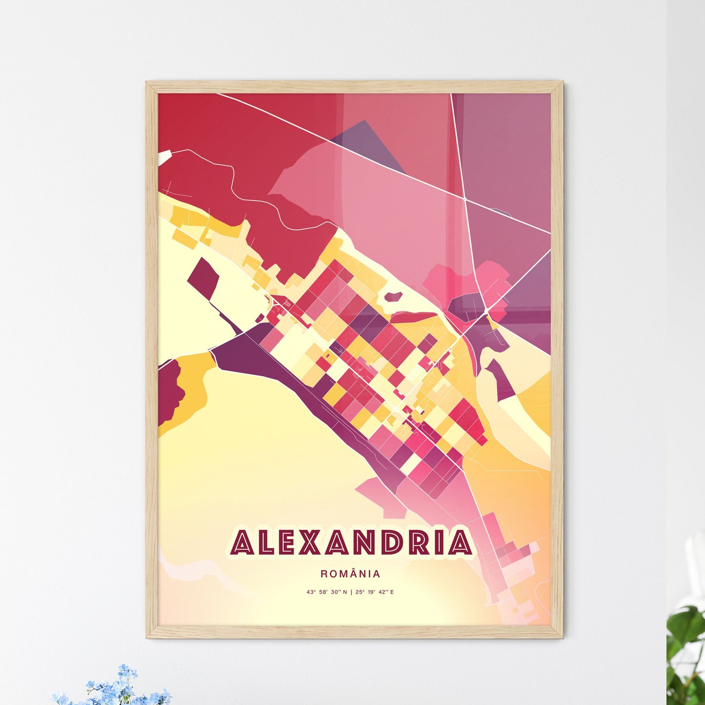 Colorful ALEXANDRIA ROMANIA Fine Art Map Hot Red