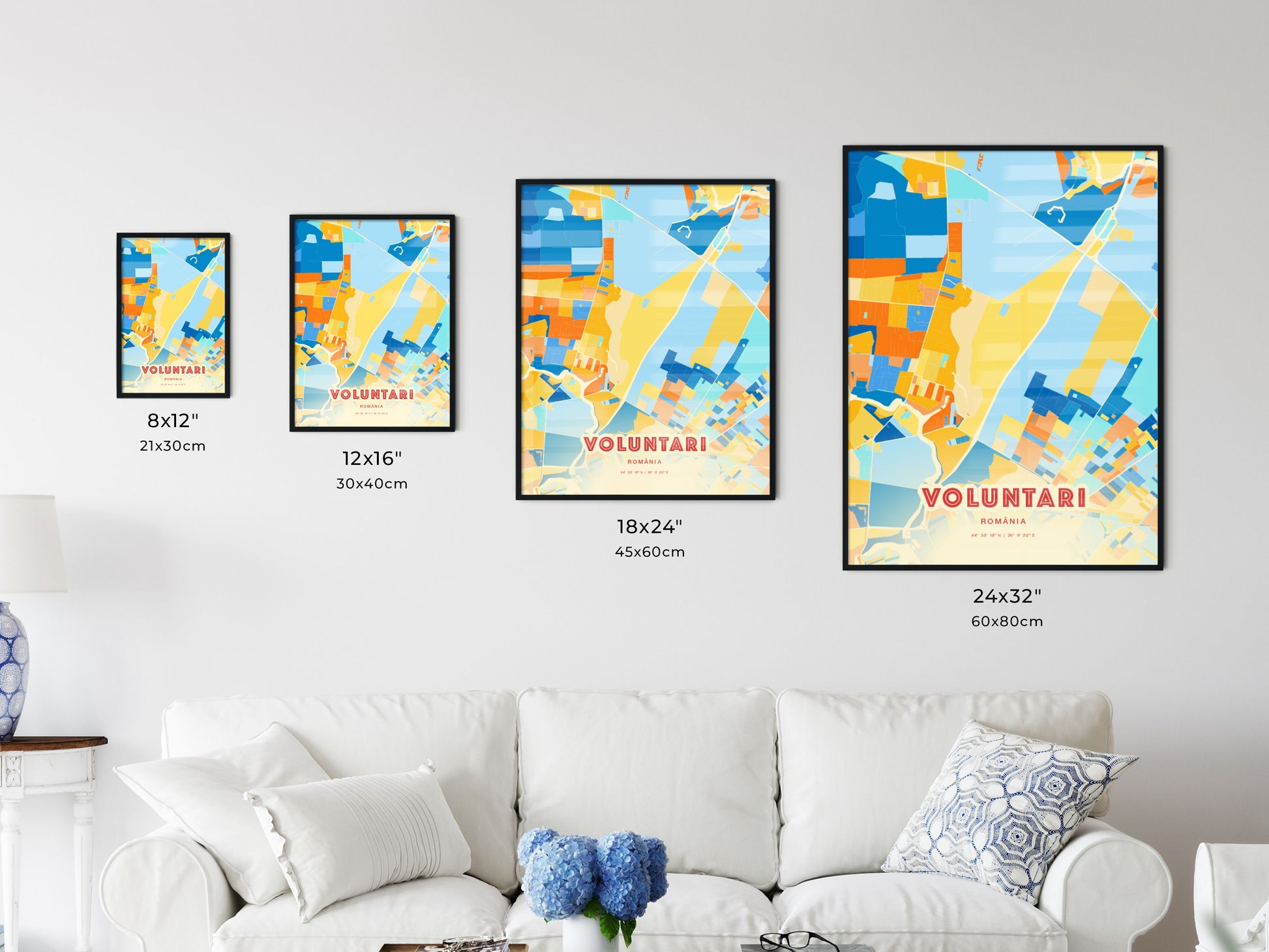 Colorful VOLUNTARI ROMANIA Fine Art Map Blue Orange