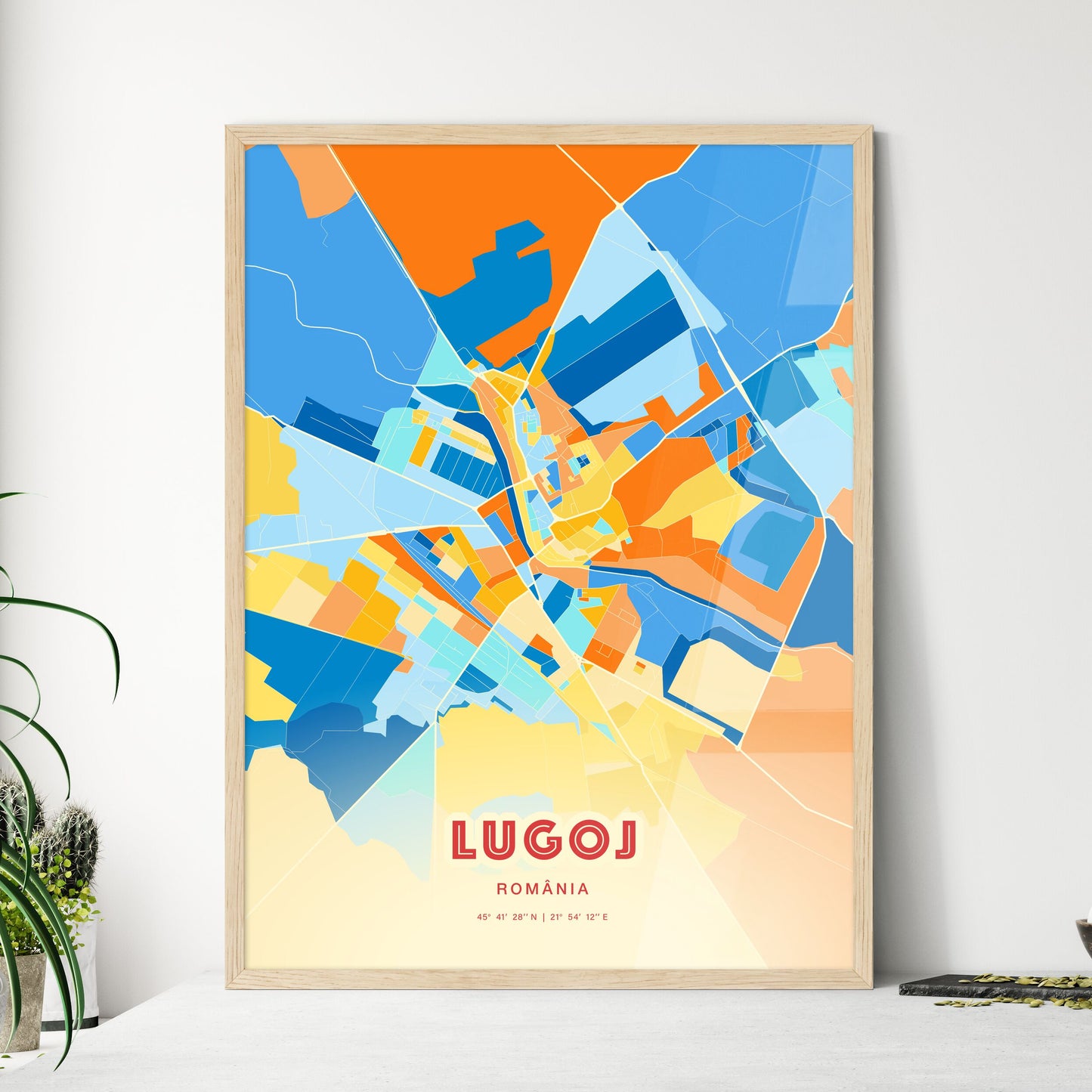 Colorful LUGOJ ROMANIA Fine Art Map Blue Orange