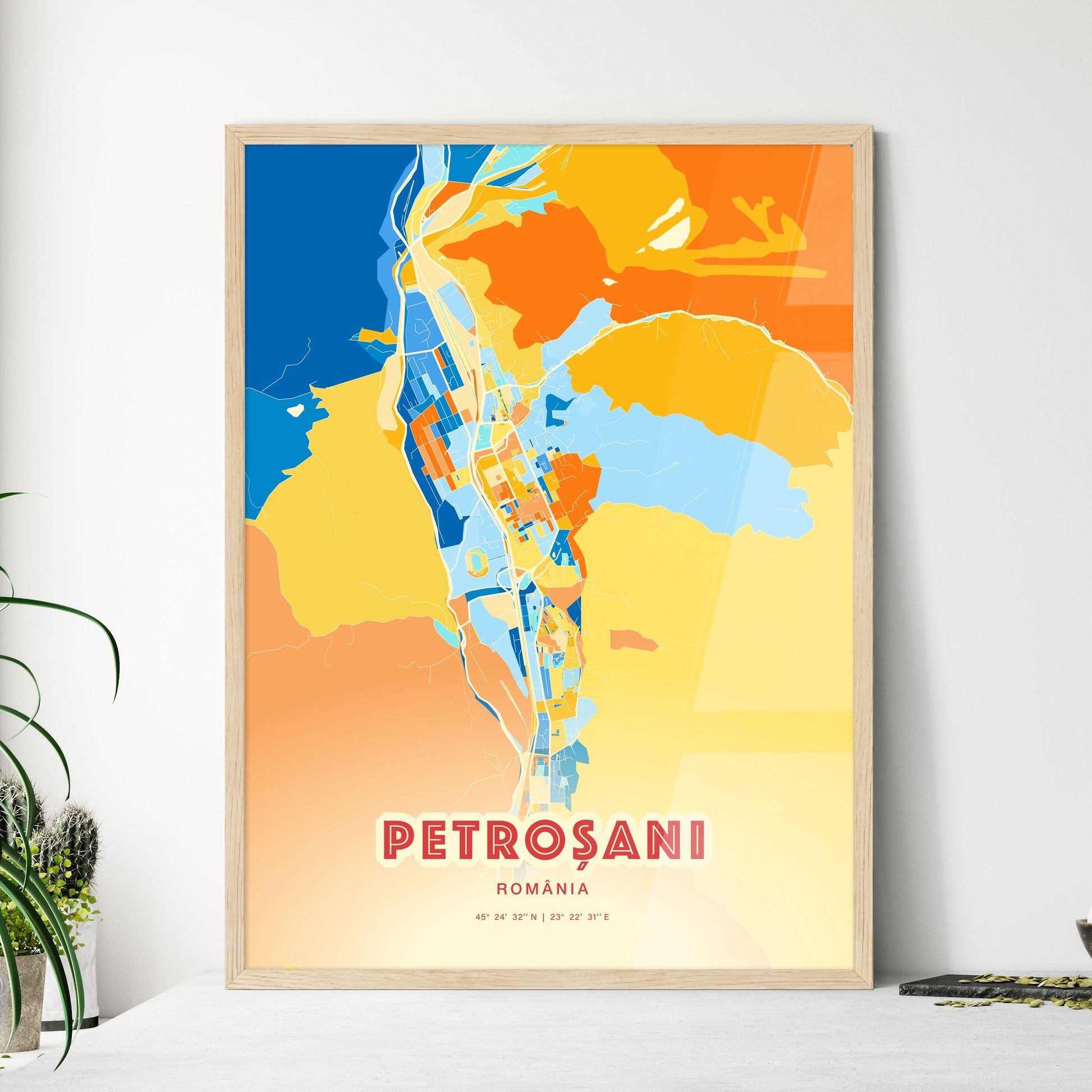 Colorful PETROȘANI ROMANIA Fine Art Map Blue Orange