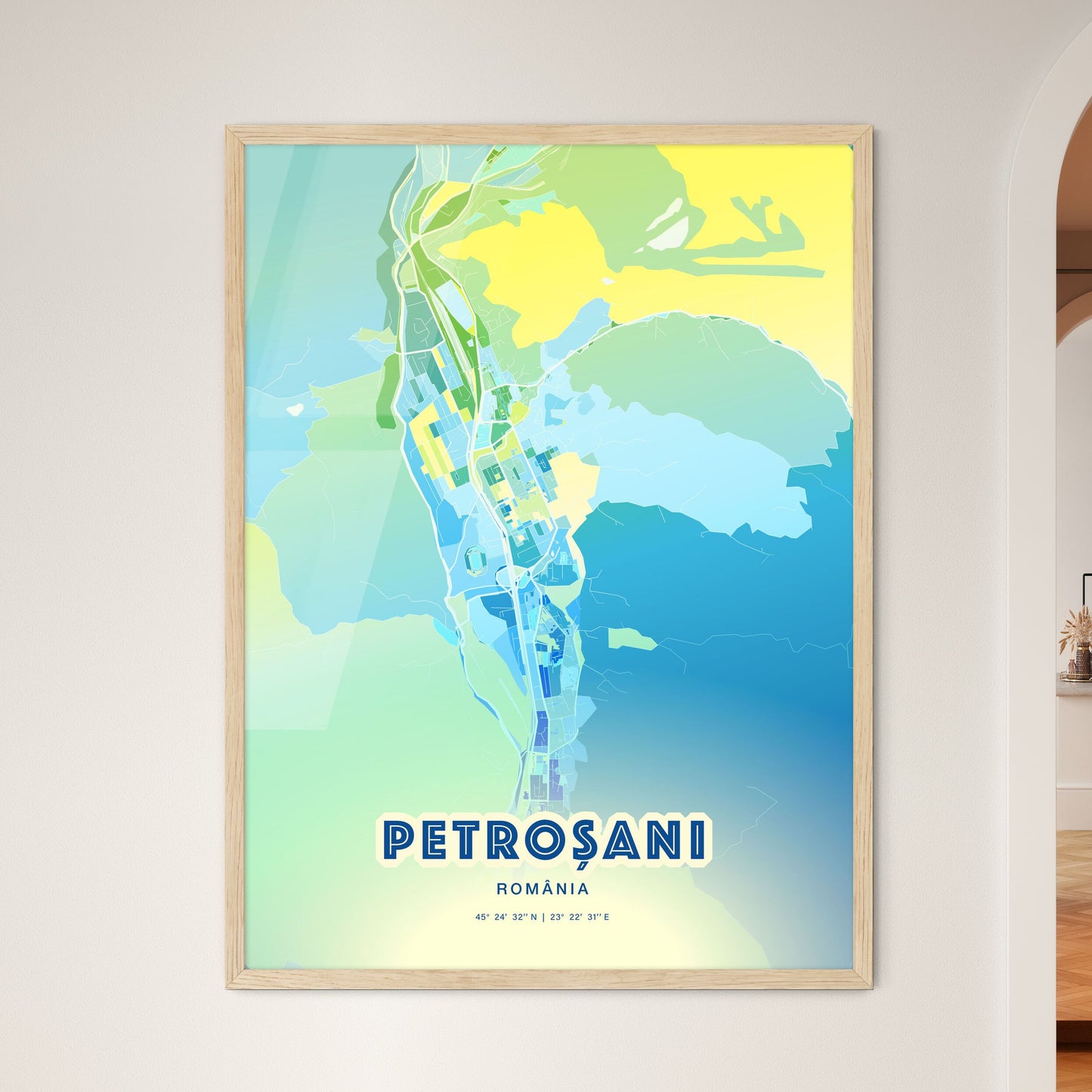 Colorful PETROȘANI ROMANIA Fine Art Map Cool Blue