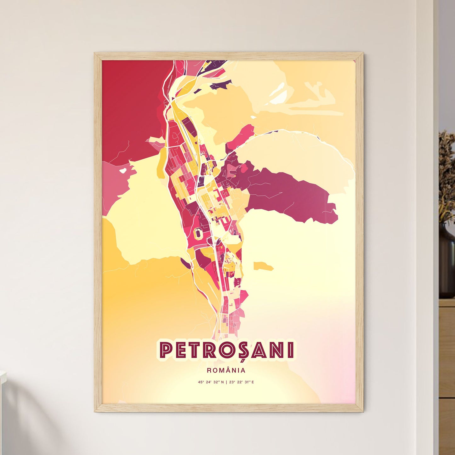 Colorful PETROȘANI ROMANIA Fine Art Map Hot Red