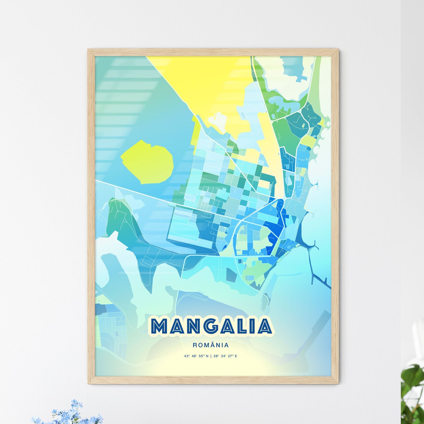 Colorful MANGALIA ROMANIA Fine Art Map Cool Blue