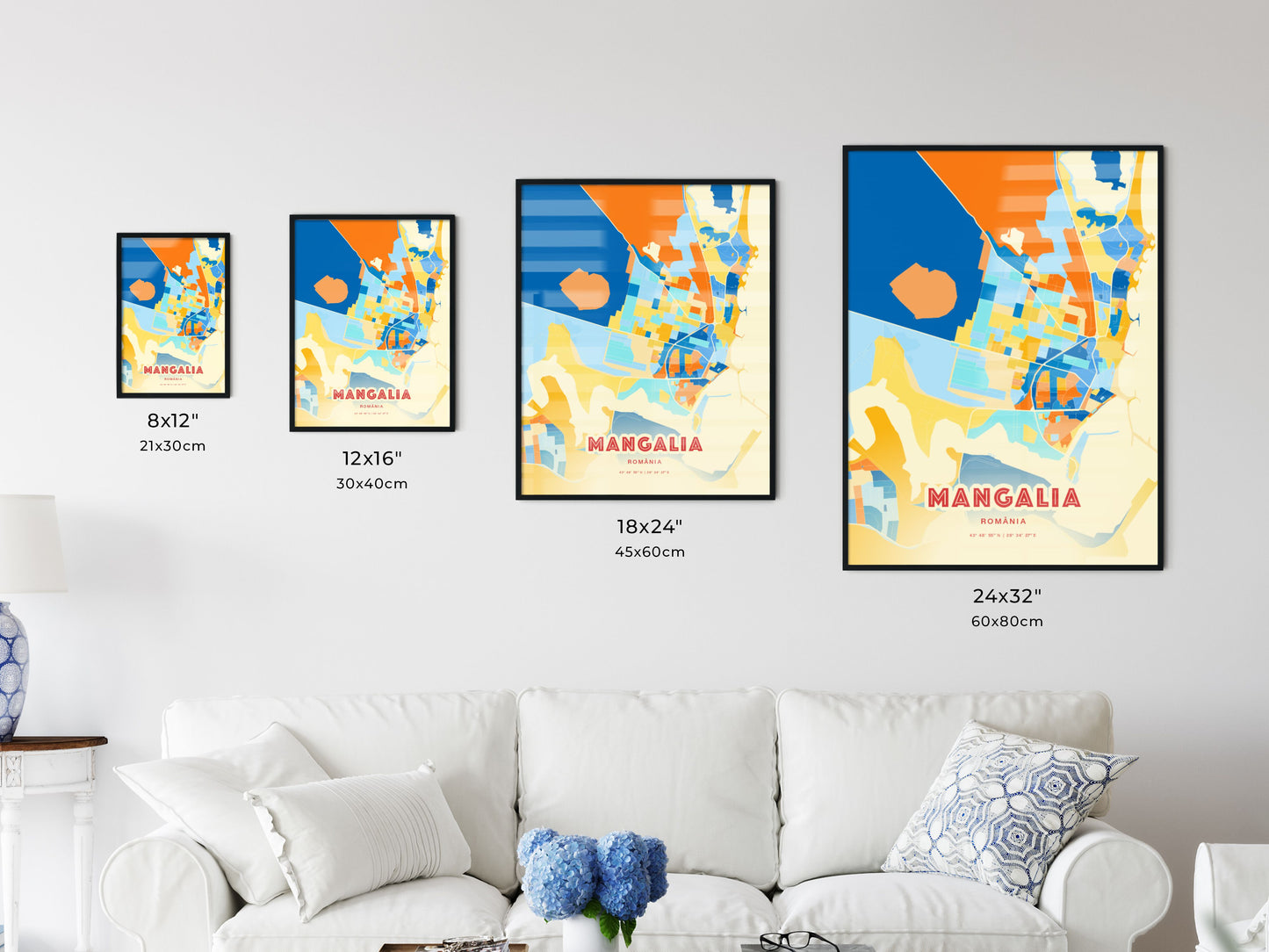 Colorful MANGALIA ROMANIA Fine Art Map Blue Orange