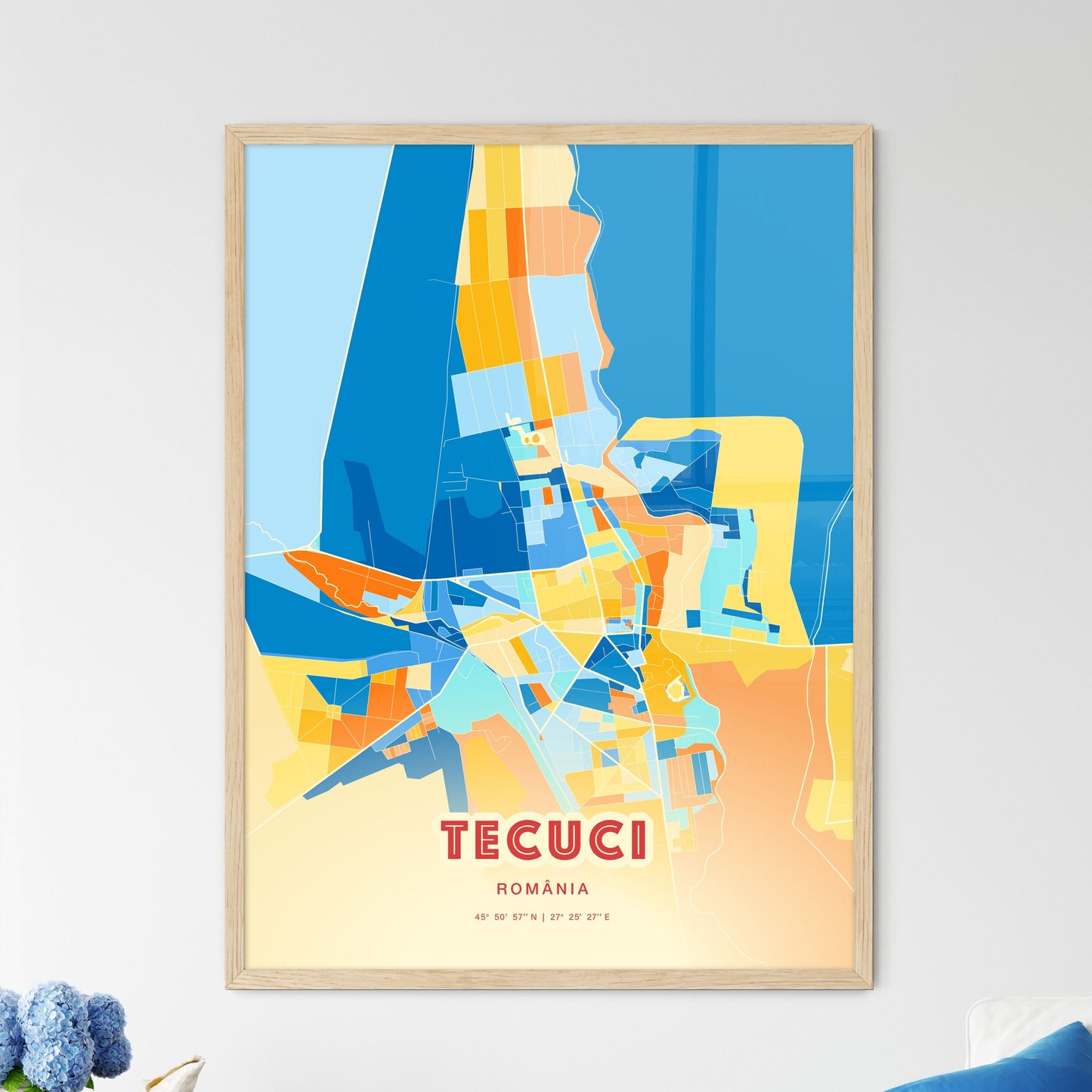 Colorful TECUCI ROMANIA Fine Art Map Blue Orange