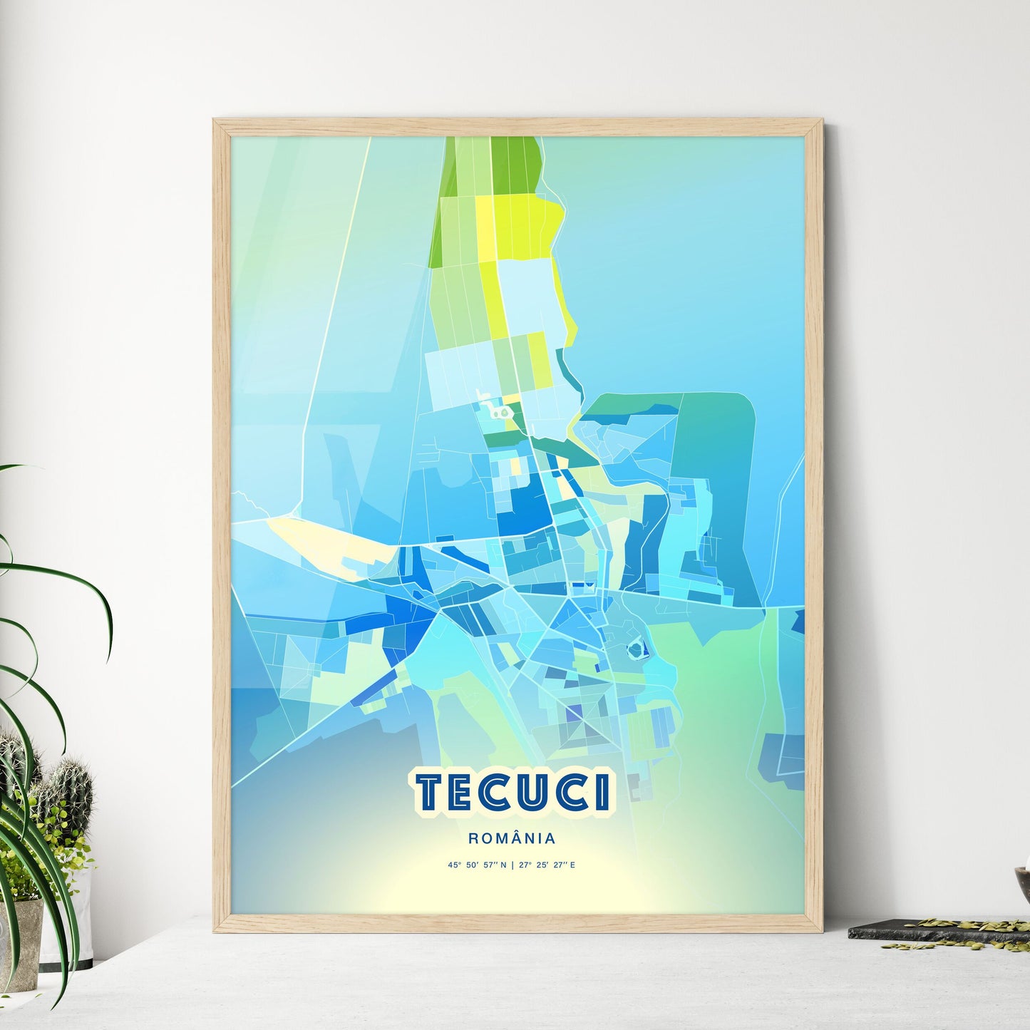 Colorful TECUCI ROMANIA Fine Art Map Cool Blue