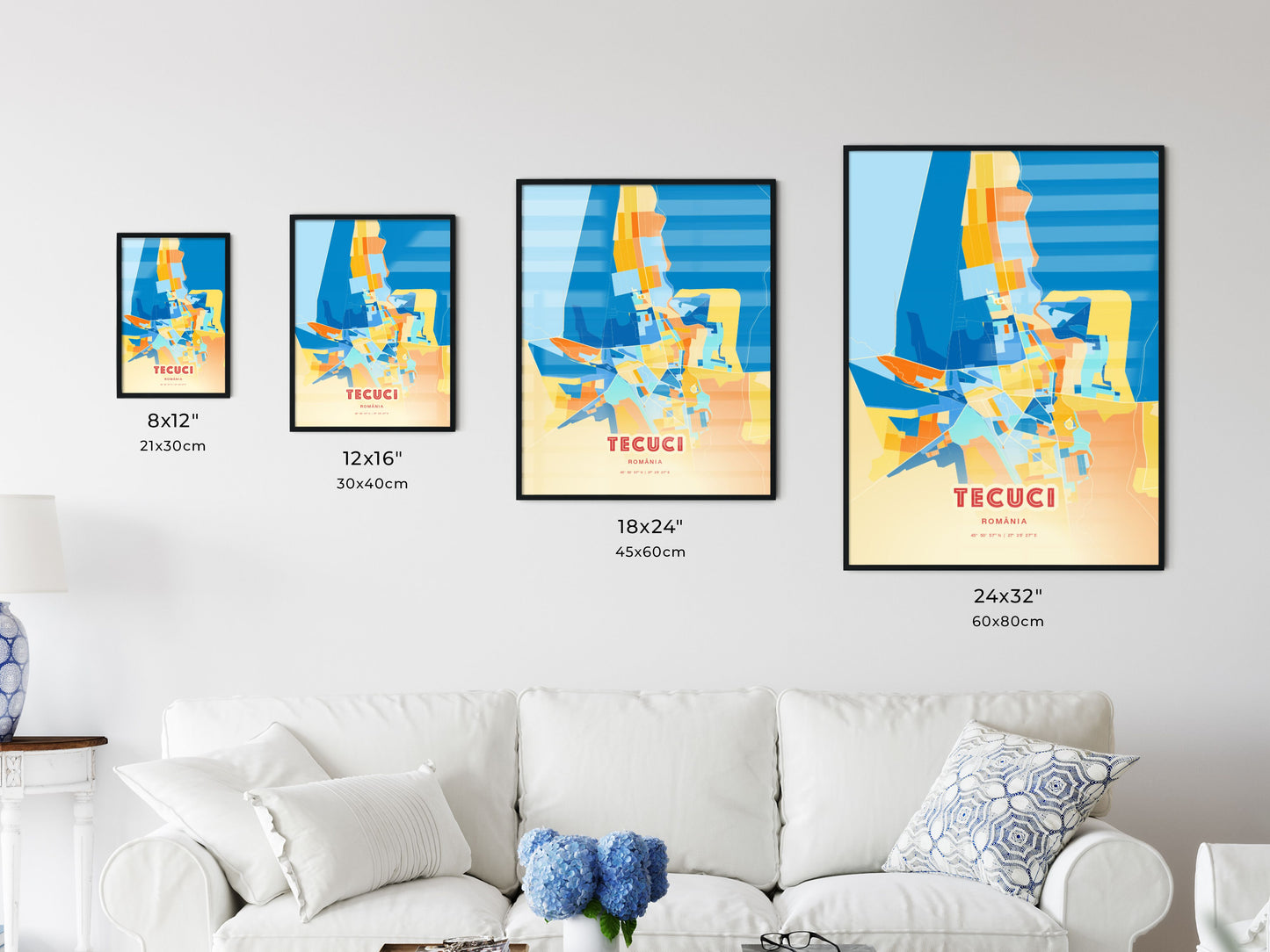 Colorful TECUCI ROMANIA Fine Art Map Blue Orange