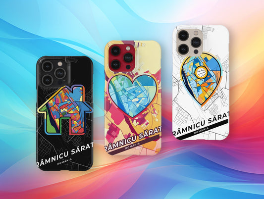 Râmnicu Sărat Romania slim phone case with colorful icon. Birthday, wedding or housewarming gift. Couple match cases.