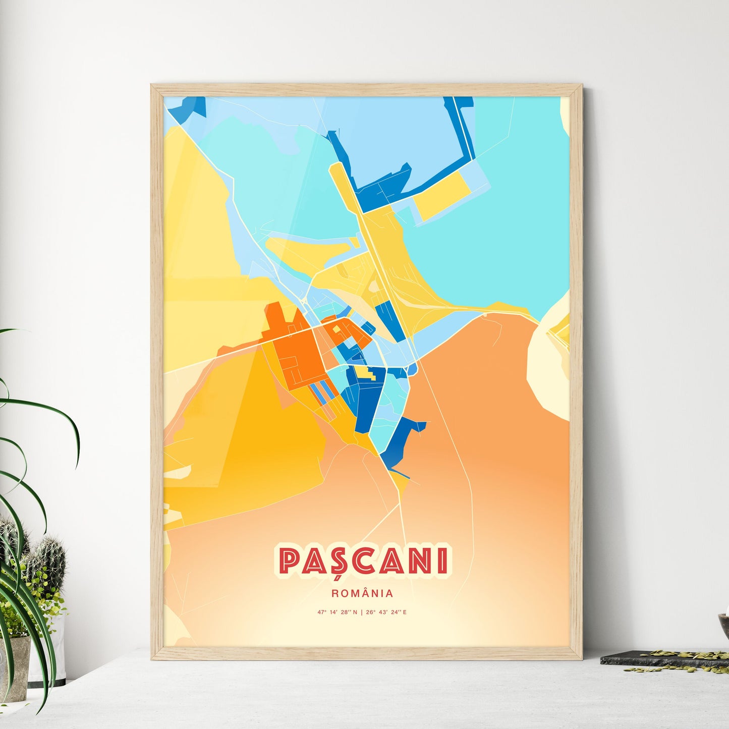 Colorful PAȘCANI ROMANIA Fine Art Map Blue Orange