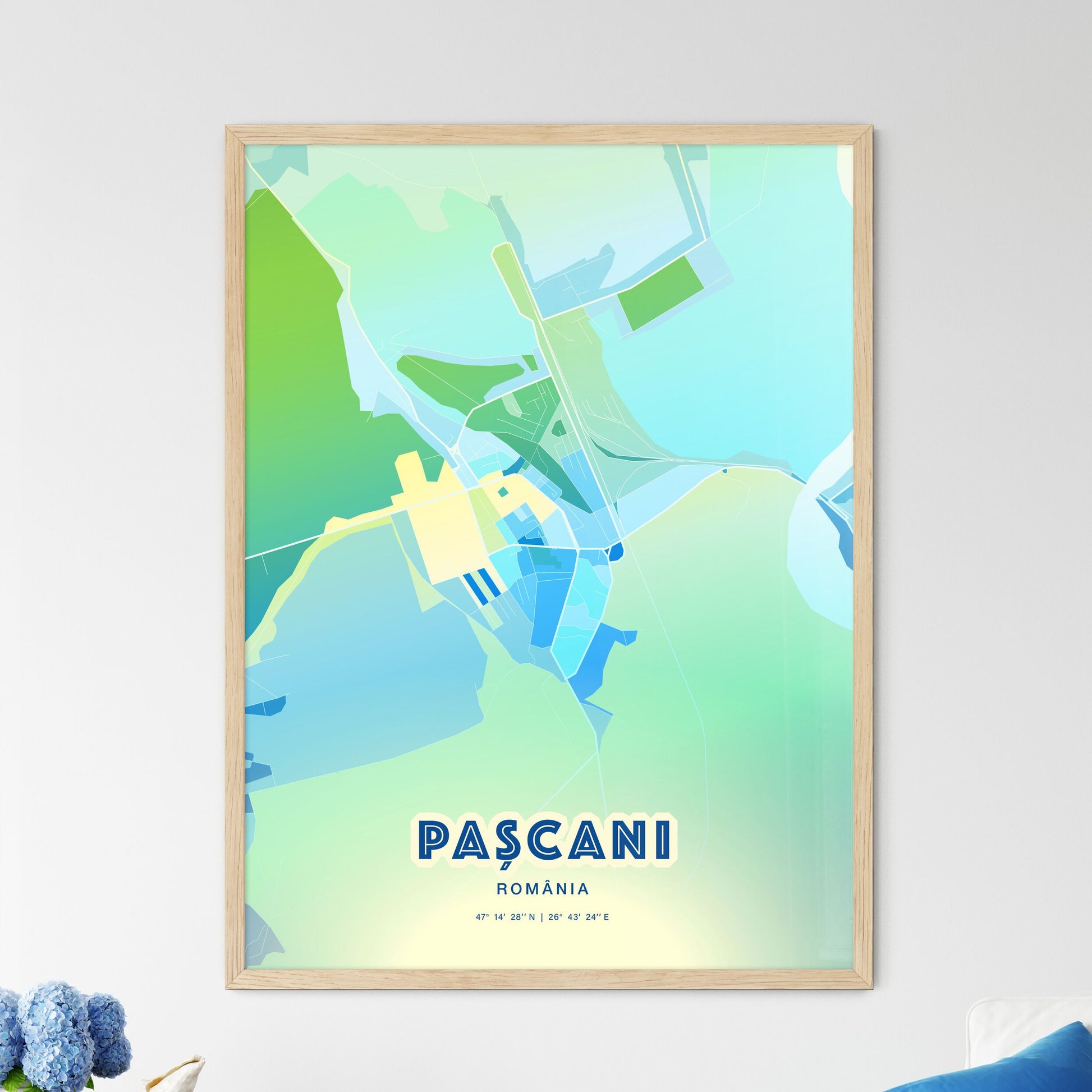 Colorful PAȘCANI ROMANIA Fine Art Map Cool Blue