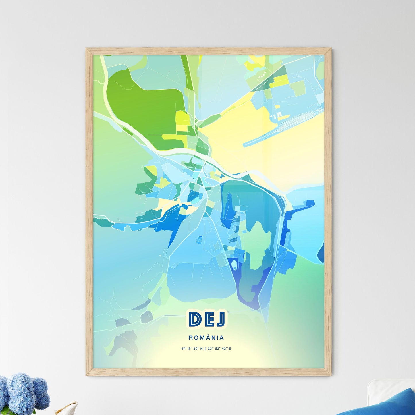 Colorful DEJ ROMANIA Fine Art Map Cool Blue