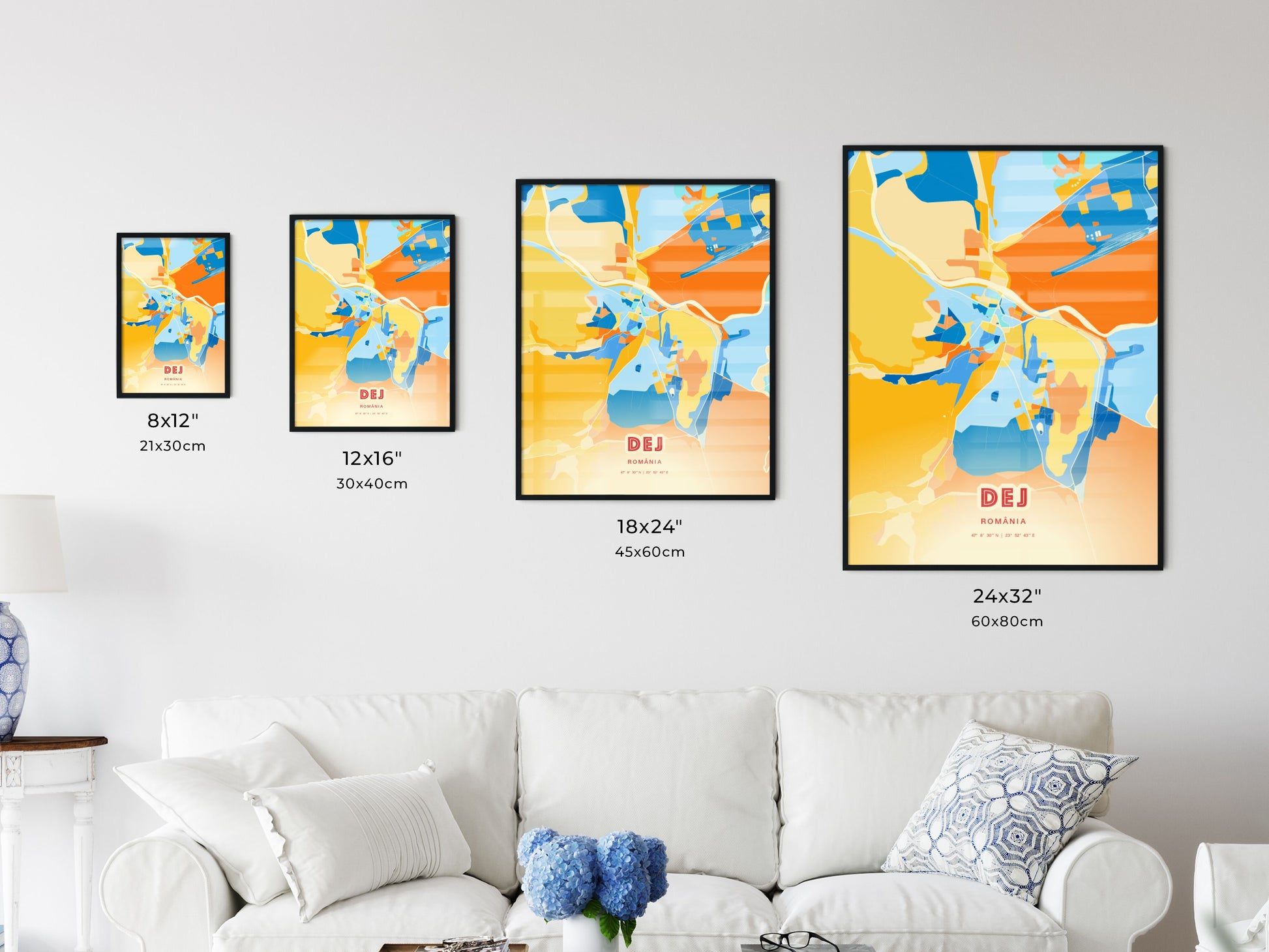 Colorful DEJ ROMANIA Fine Art Map Blue Orange