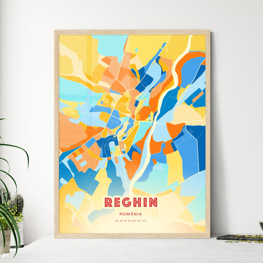 Colorful REGHIN ROMANIA Fine Art Map Blue Orange