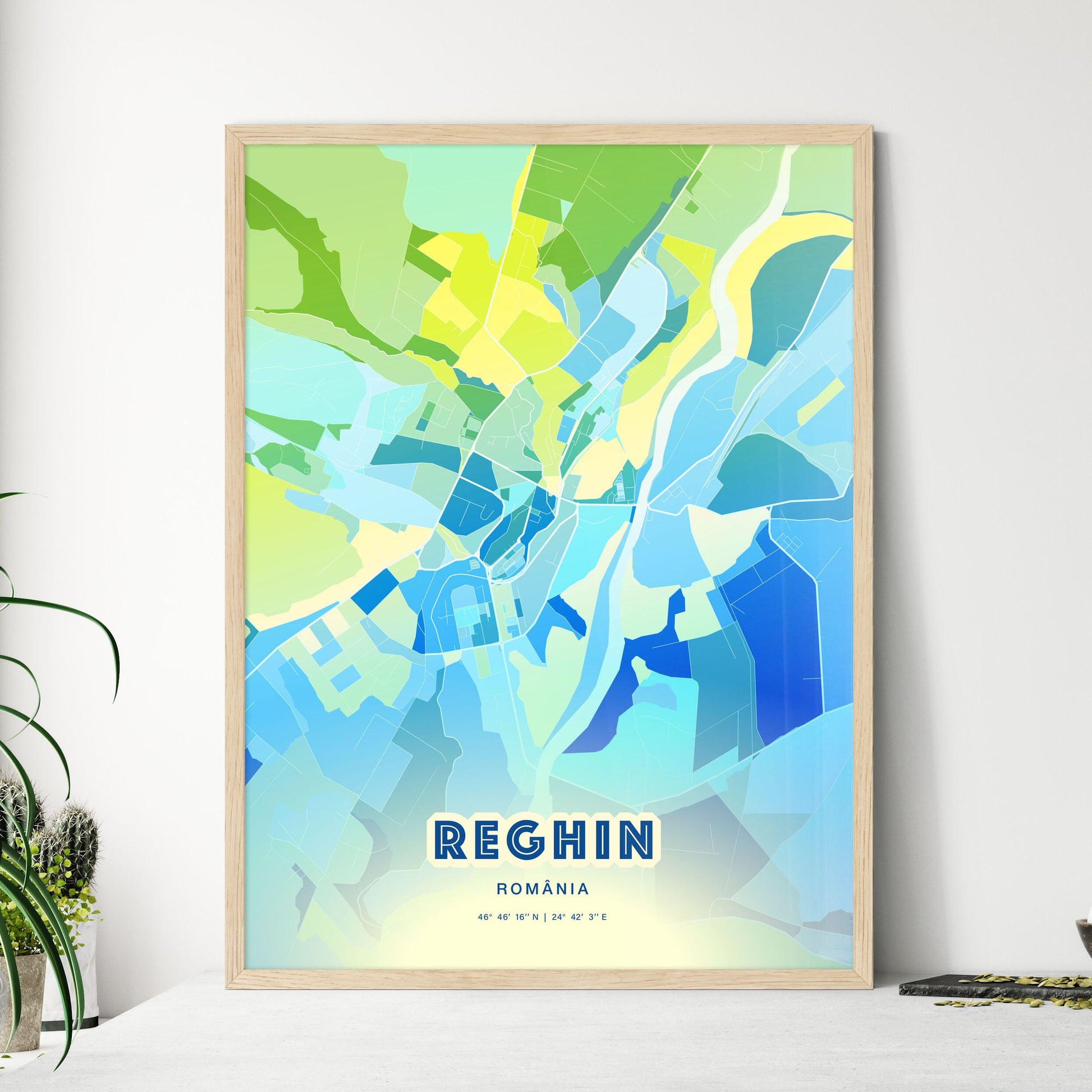 Colorful REGHIN ROMANIA Fine Art Map Cool Blue