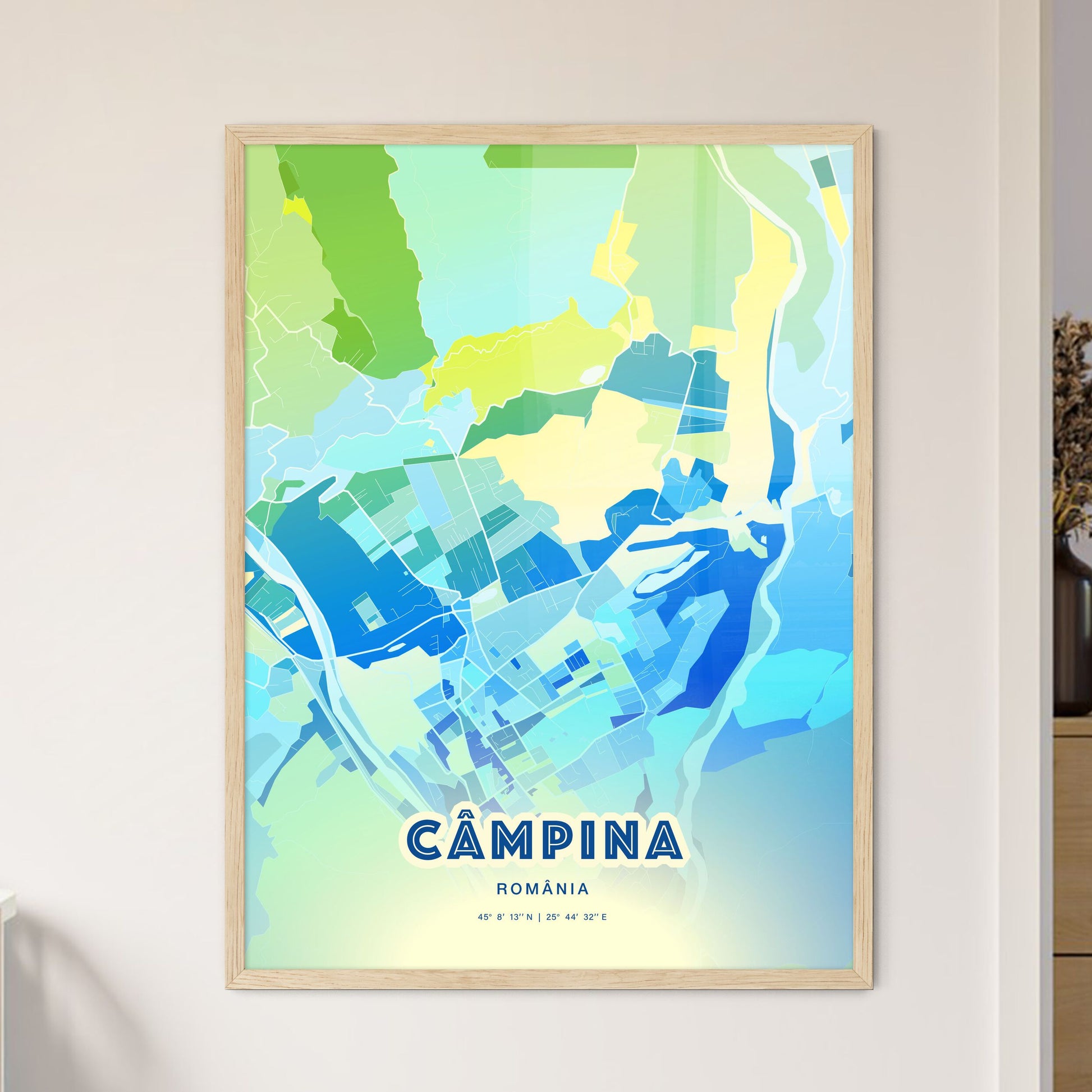 Colorful CÂMPINA ROMANIA Fine Art Map Cool Blue