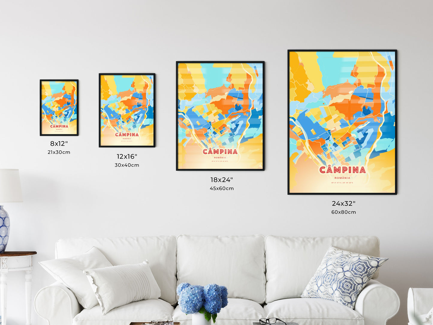 Colorful CÂMPINA ROMANIA Fine Art Map Blue Orange