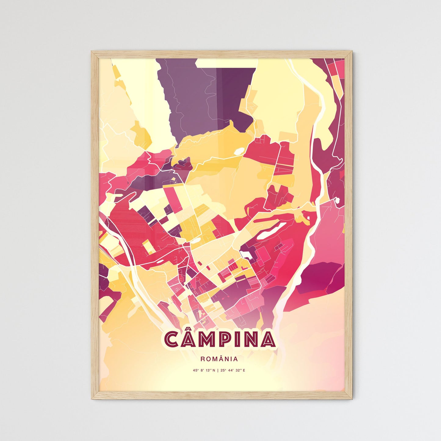 Colorful CÂMPINA ROMANIA Fine Art Map Hot Red