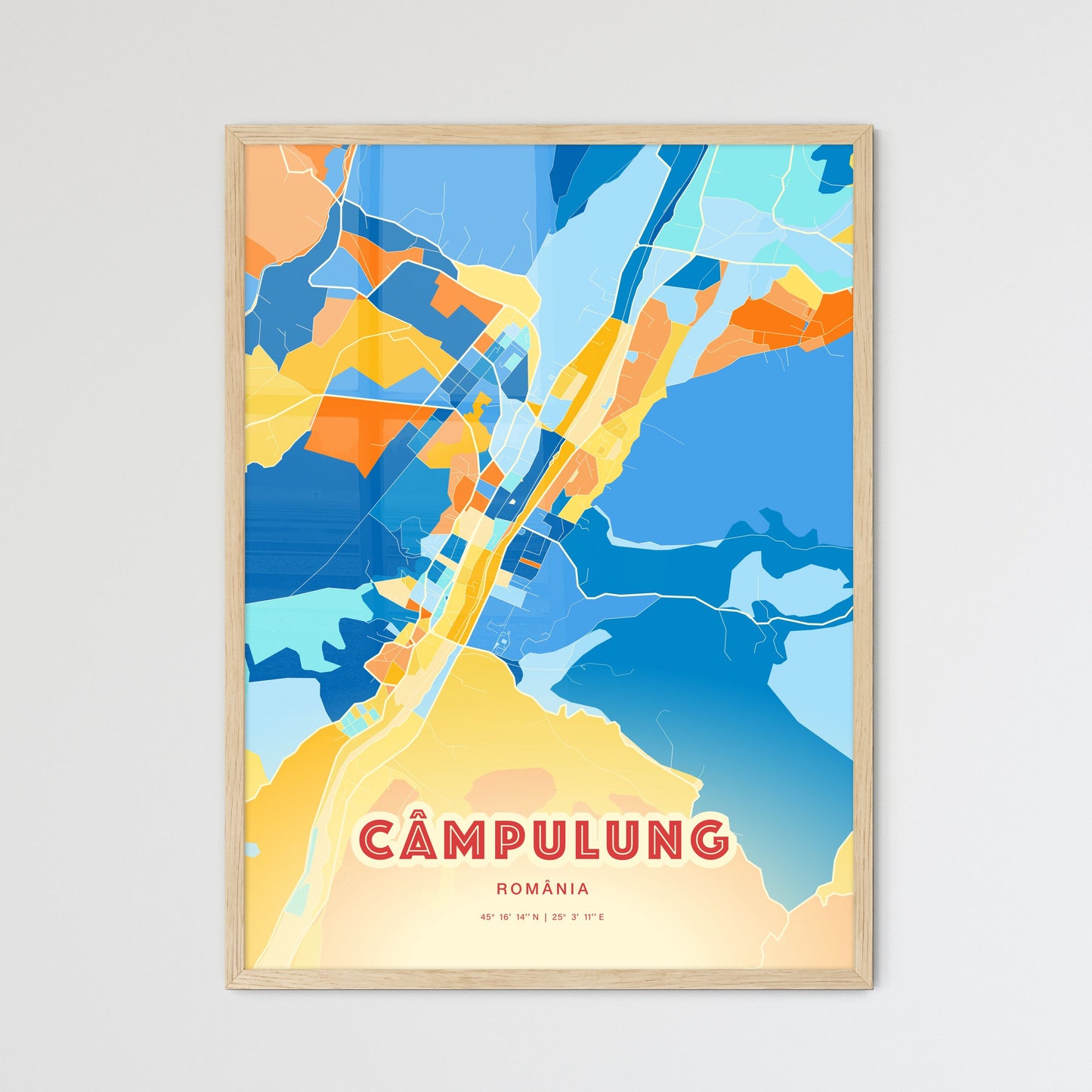 Colorful CÂMPULUNG ROMANIA Fine Art Map Blue Orange