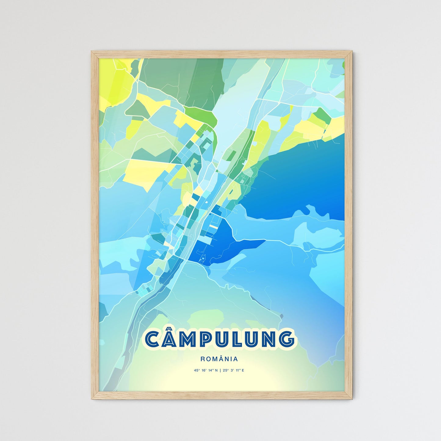 Colorful CÂMPULUNG ROMANIA Fine Art Map Cool Blue