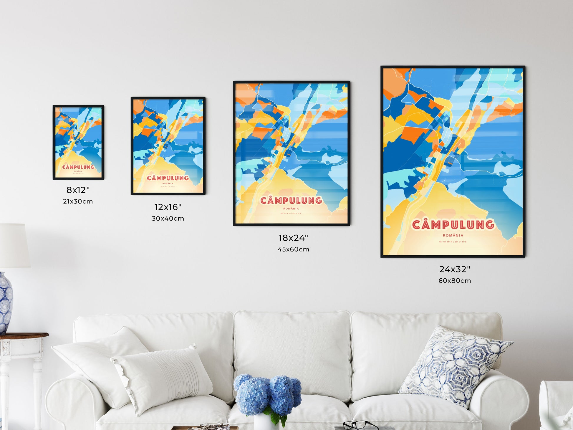 Colorful CÂMPULUNG ROMANIA Fine Art Map Blue Orange