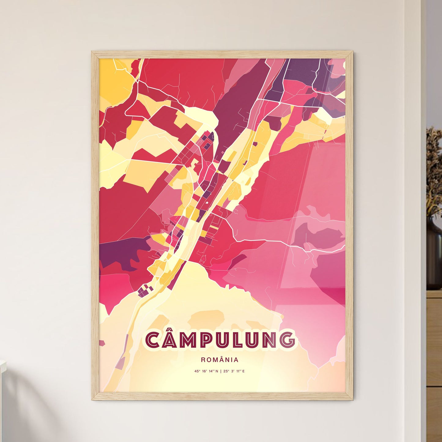 Colorful CÂMPULUNG ROMANIA Fine Art Map Hot Red