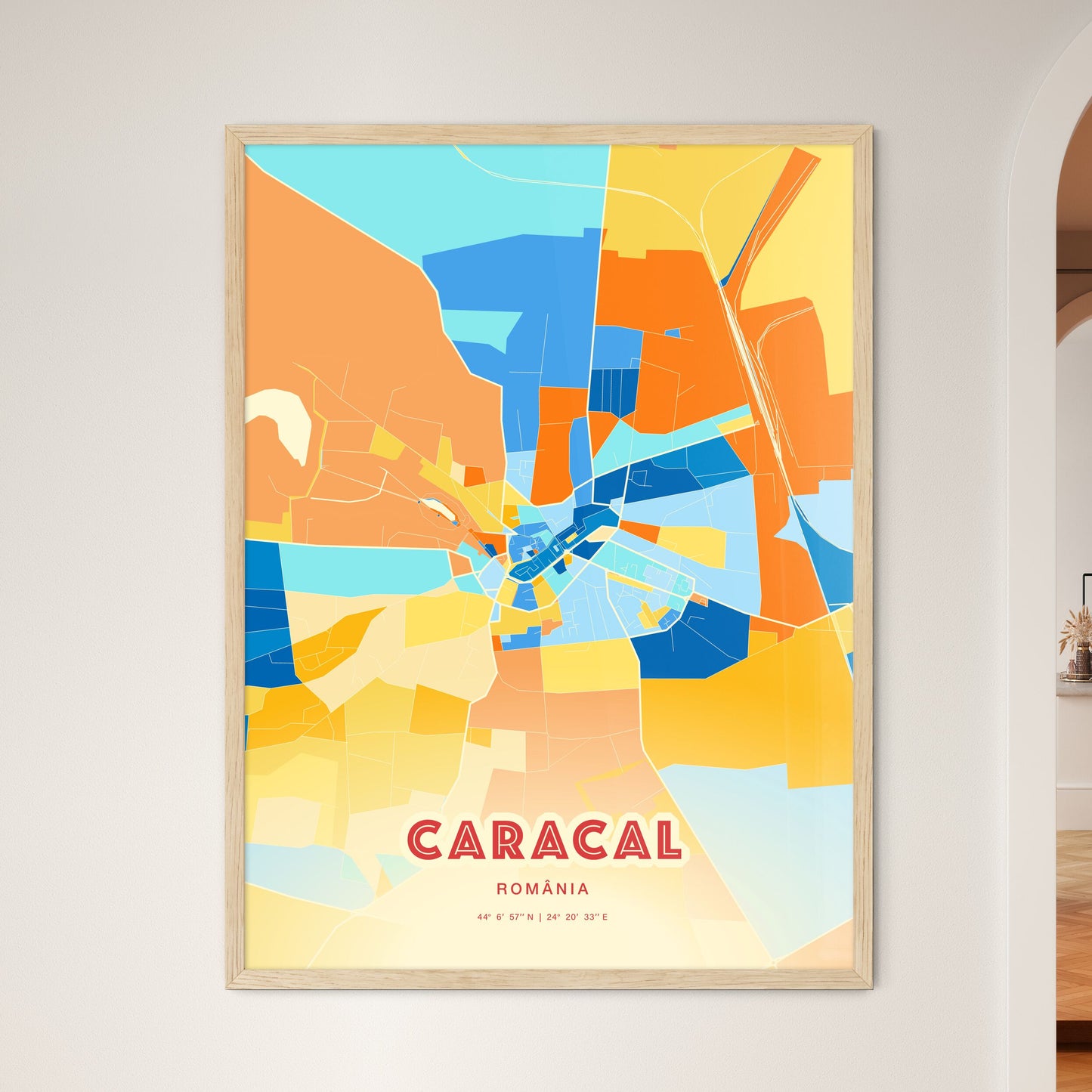 Colorful CARACAL ROMANIA Fine Art Map Blue Orange