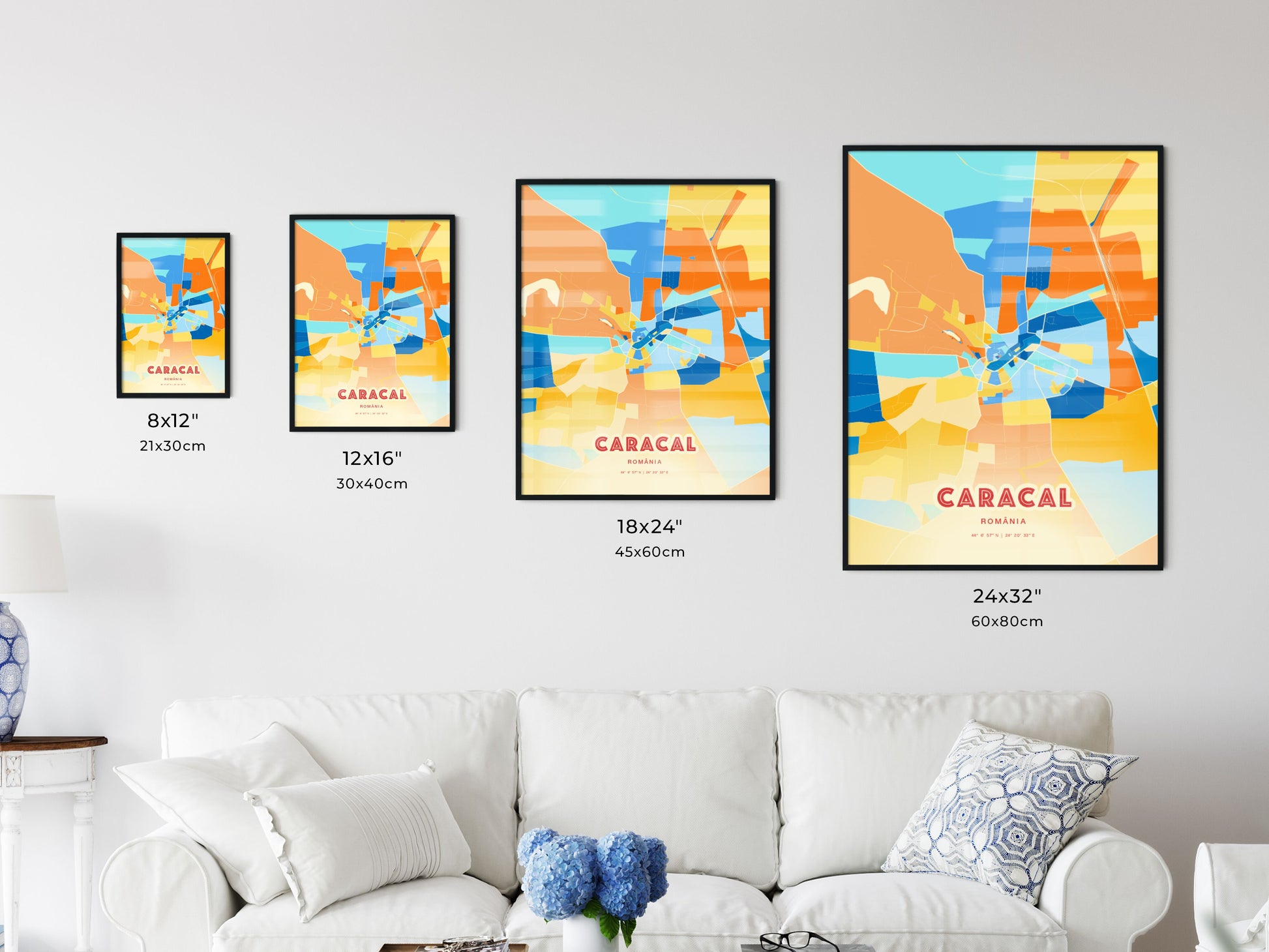 Colorful CARACAL ROMANIA Fine Art Map Blue Orange