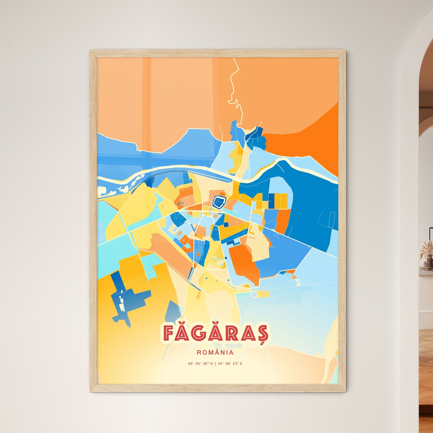 Colorful FĂGĂRAȘ ROMANIA Fine Art Map Blue Orange