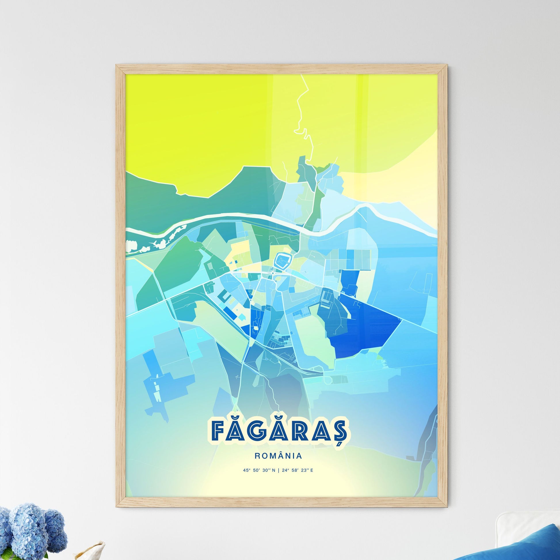 Colorful FĂGĂRAȘ ROMANIA Fine Art Map Cool Blue