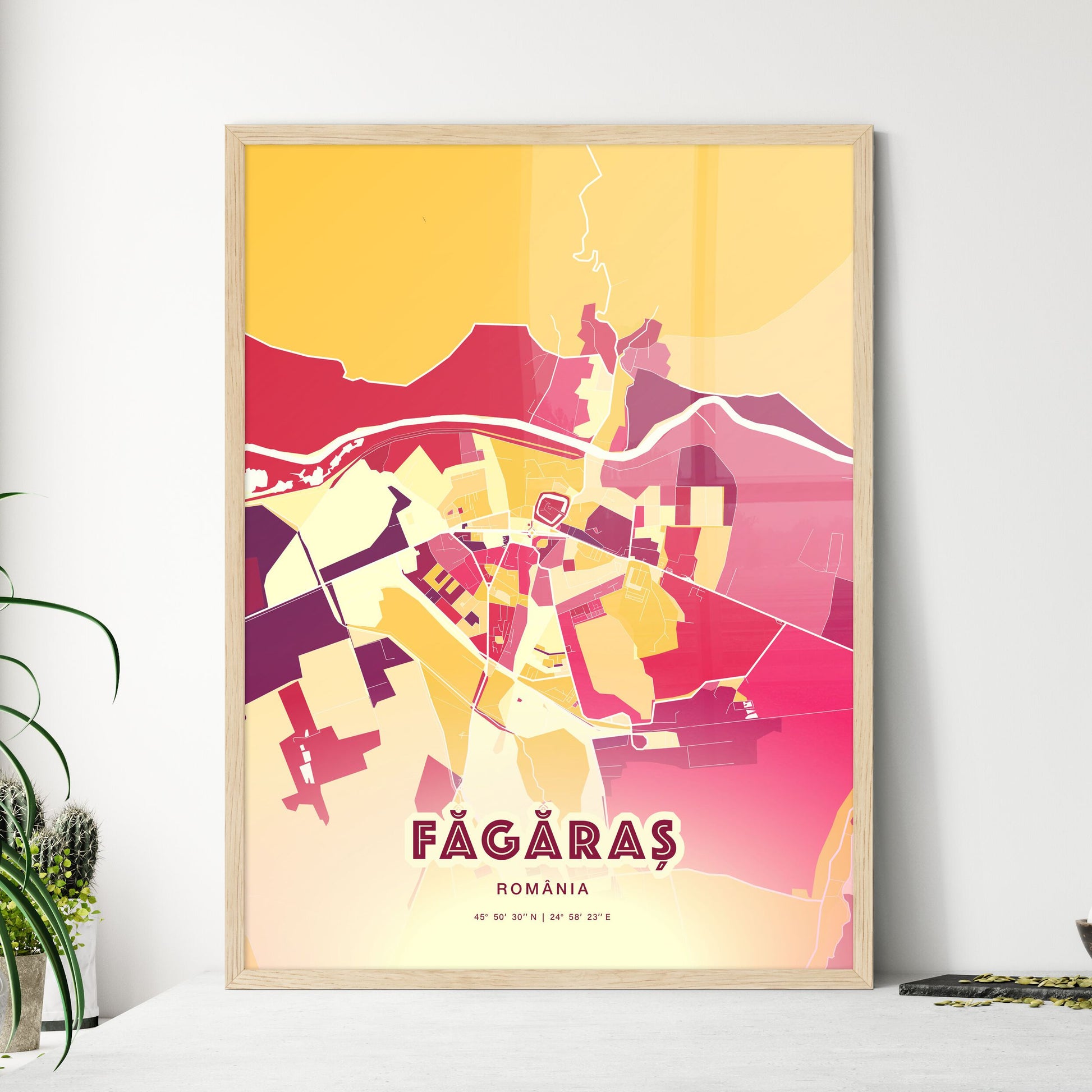 Colorful FĂGĂRAȘ ROMANIA Fine Art Map Hot Red