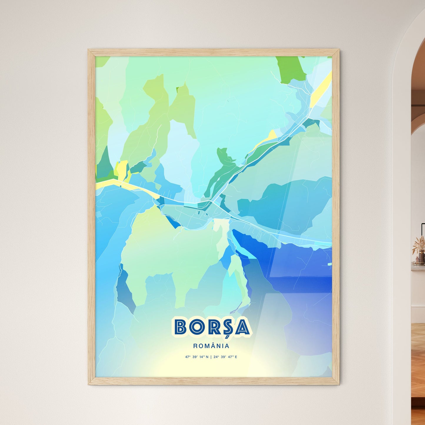 Colorful BORȘA ROMANIA Fine Art Map Cool Blue