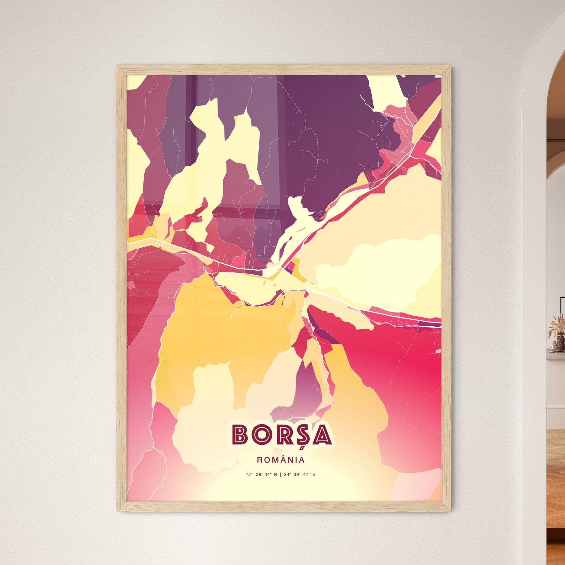 Colorful BORȘA ROMANIA Fine Art Map Hot Red
