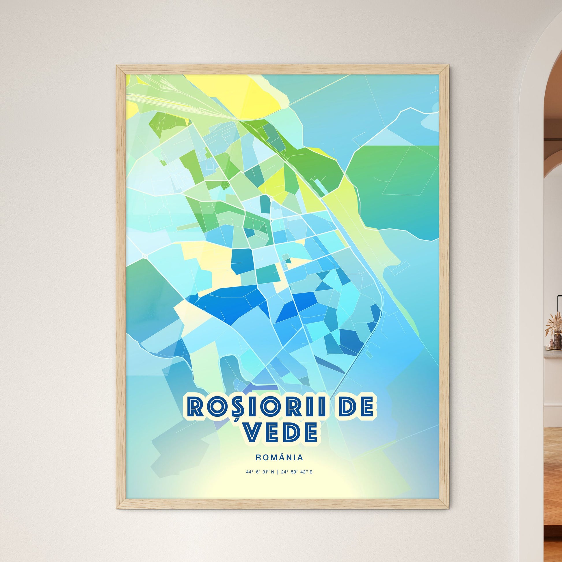 Colorful ROȘIORII DE VEDE ROMANIA Fine Art Map Cool Blue