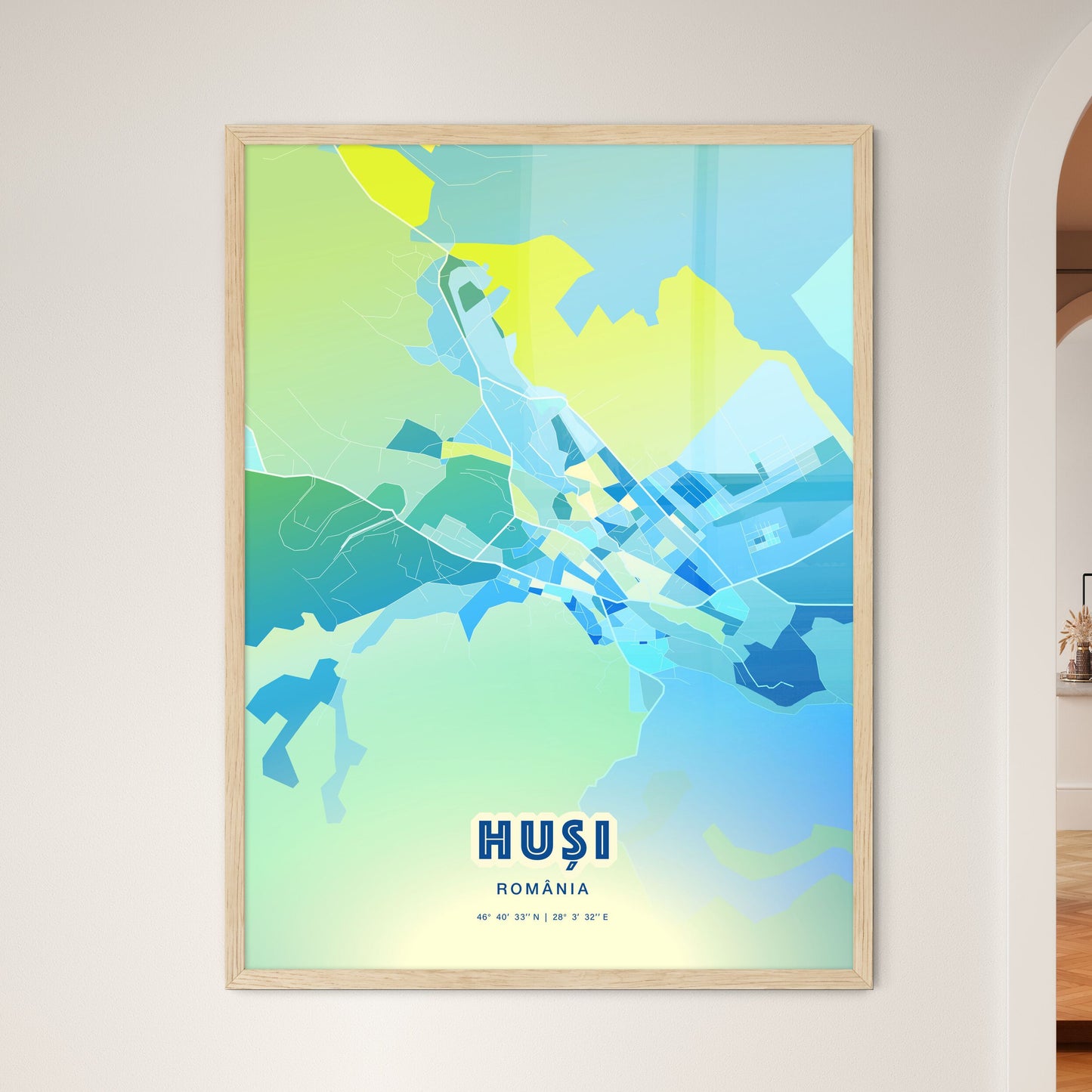 Colorful HUȘI ROMANIA Fine Art Map Cool Blue