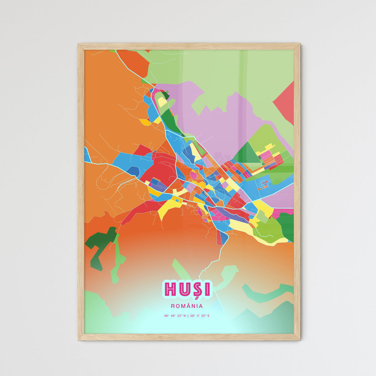 Colorful HUȘI ROMANIA Fine Art Map Crazy Colors