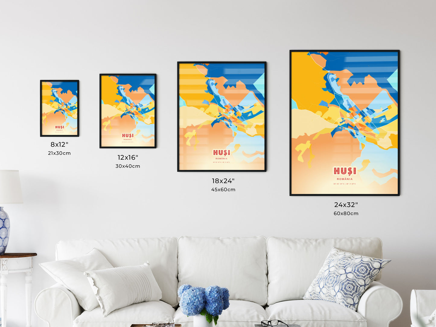 Colorful HUȘI ROMANIA Fine Art Map Blue Orange