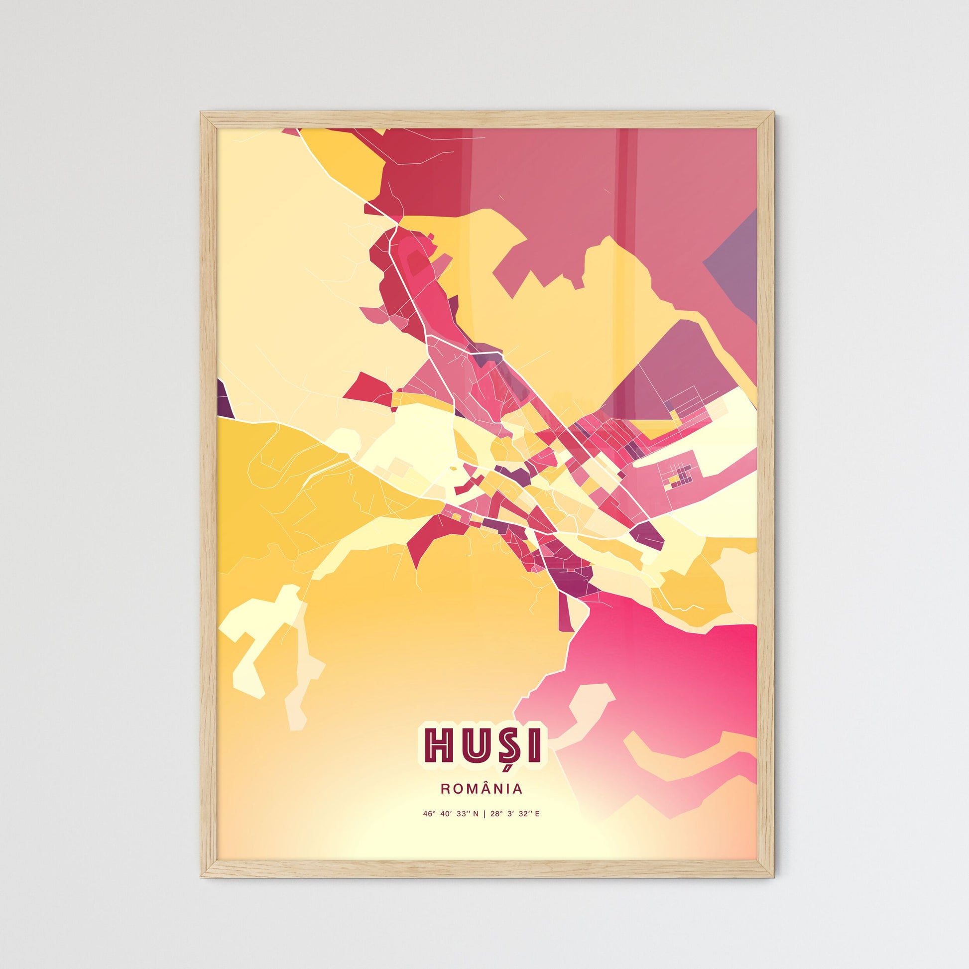 Colorful HUȘI ROMANIA Fine Art Map Hot Red