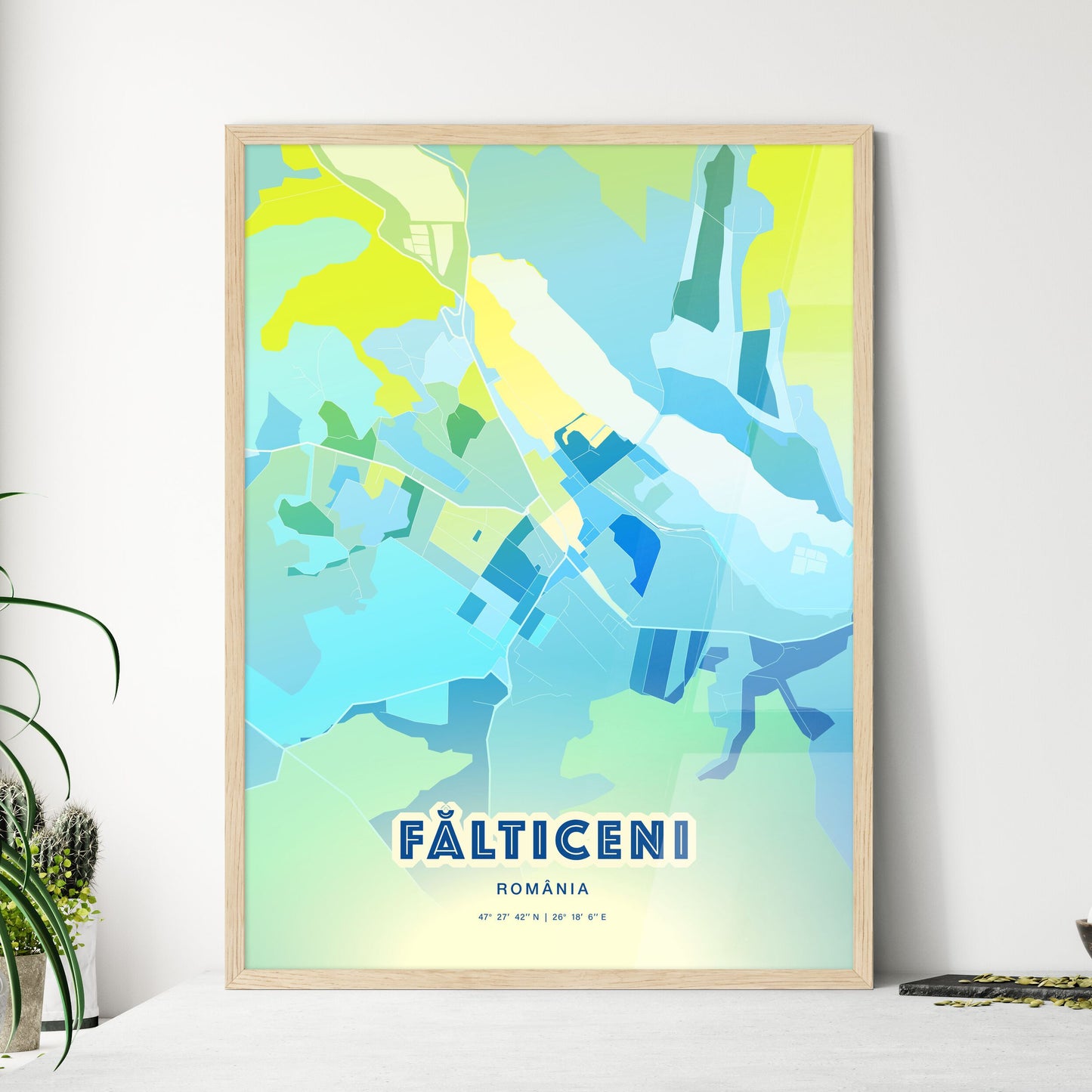 Colorful FĂLTICENI ROMANIA Fine Art Map Cool Blue