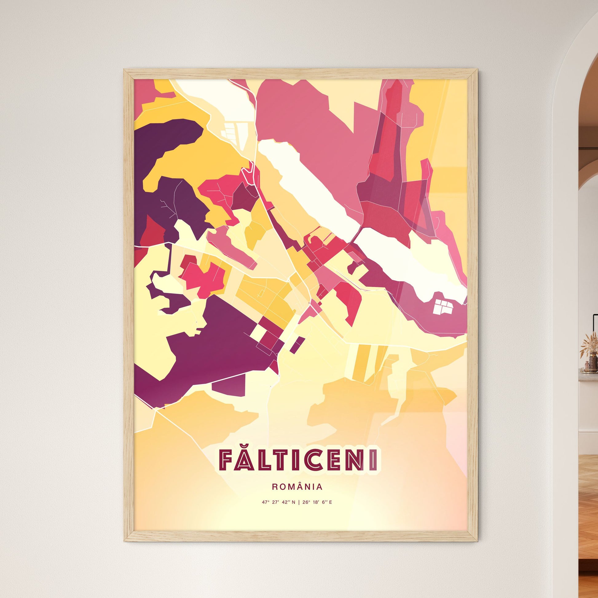 Colorful FĂLTICENI ROMANIA Fine Art Map Hot Red