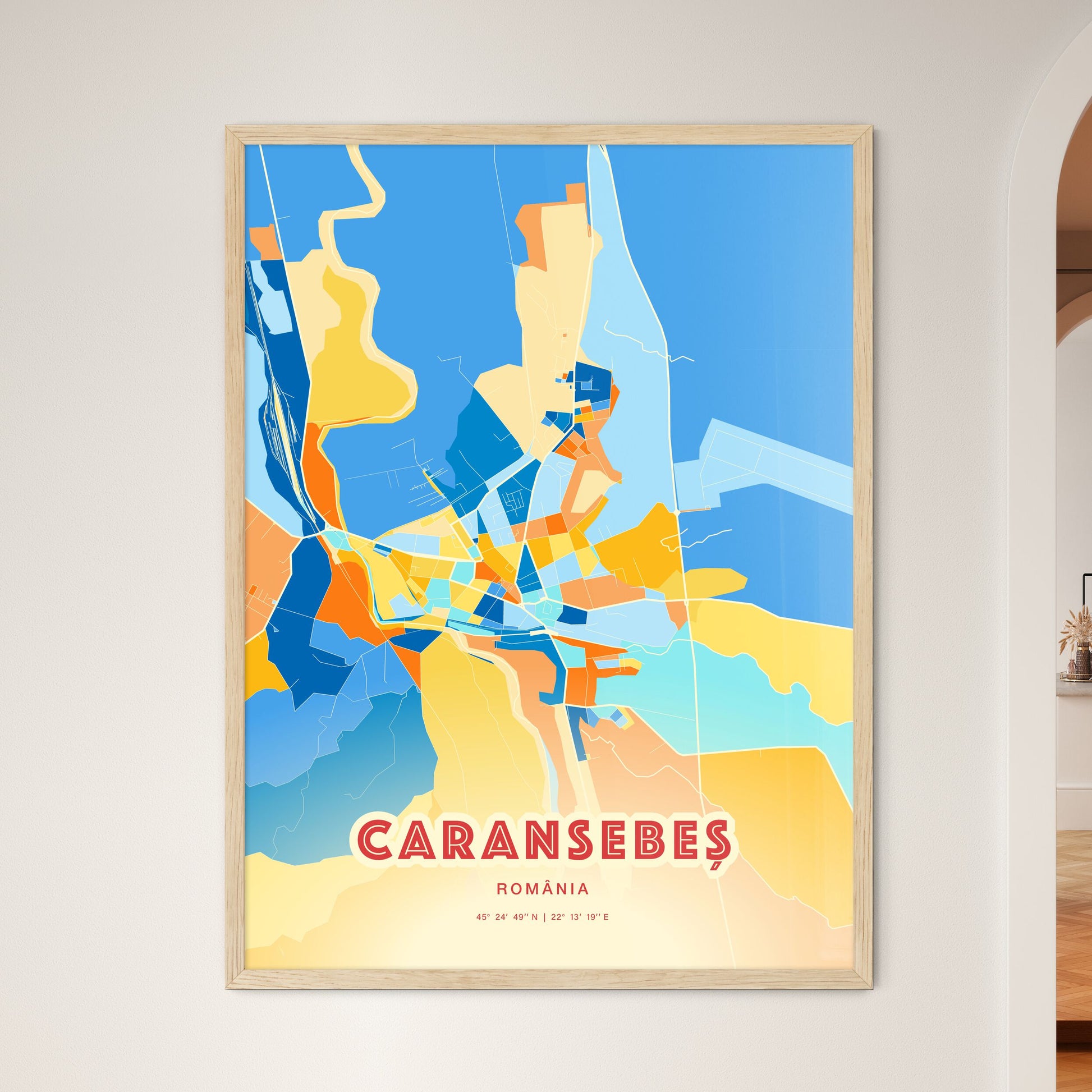 Colorful CARANSEBEȘ ROMANIA Fine Art Map Blue Orange